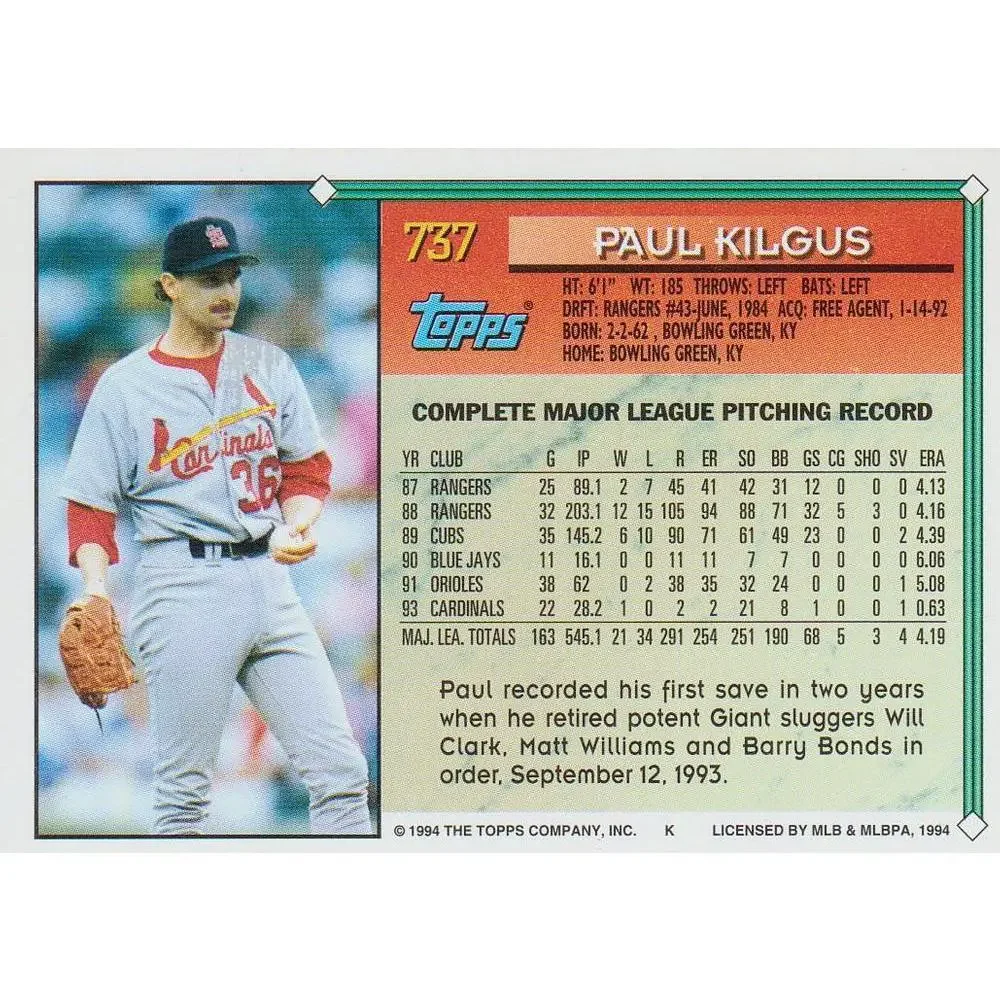 1994 Topps Paul Kilgus # 737 St. Louis Cardinals